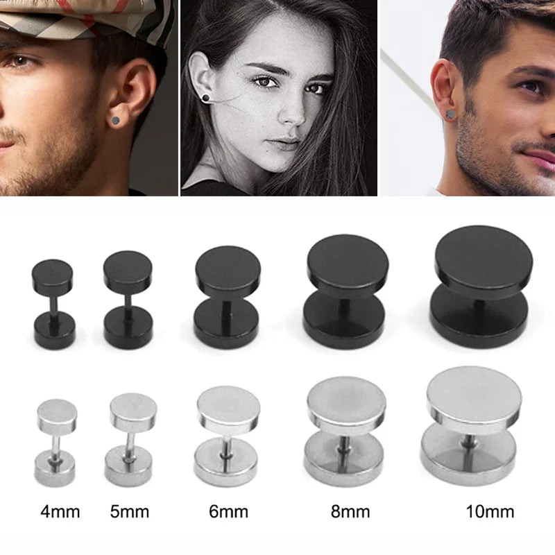 5pcs Man Women Barbell Punk Gothic Stainless Steel Ear Stud Earrings Black Dumbbell Screw Fake Cheater Ear Plug Piercing Jewelry