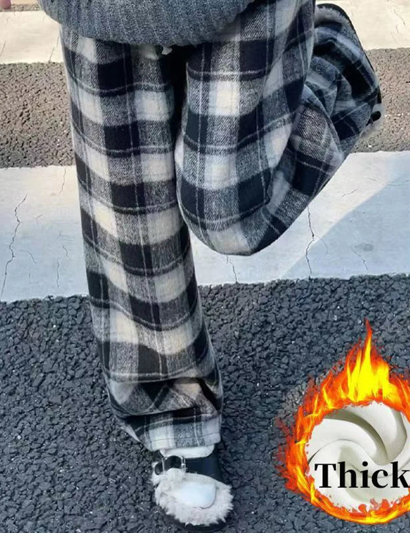 Vintage Plaid Padded Thick Pants Women Fall Winter Warm High-Waisted Casual Straight Wide-Legged Pants Hip-Hop Y2K Trousers