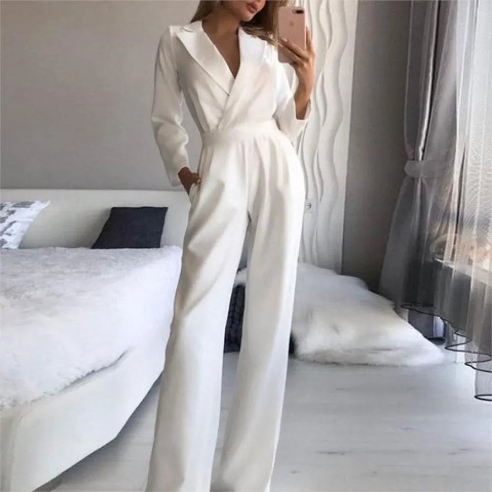 Spring Summer New Solid Color Suit Collar Women's Jumpsuit Fashion Pocket Slim Elegant Female Office Jumpsuit