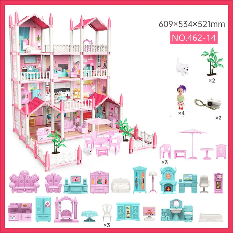 3D DIY Assembly Doll House Fantasy Princess Castle Villa Set Toys Girl Family Toys Children's Music Doll House Assembly Villa