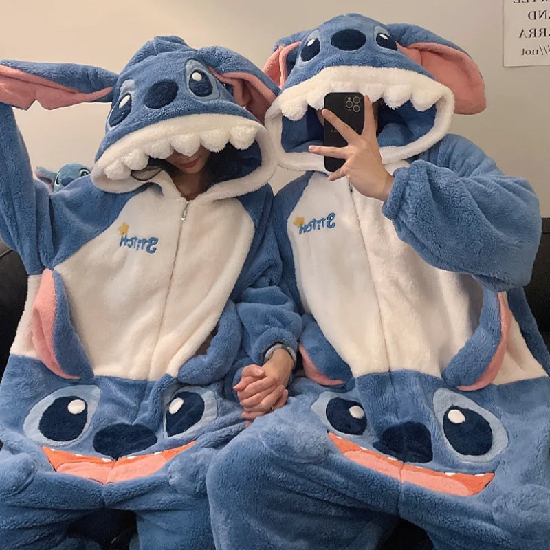 Cartoon Disney couple one-piece pajamas winter coral fleece thermal hooded pullover men's loungewear new Stitch women's pajamas