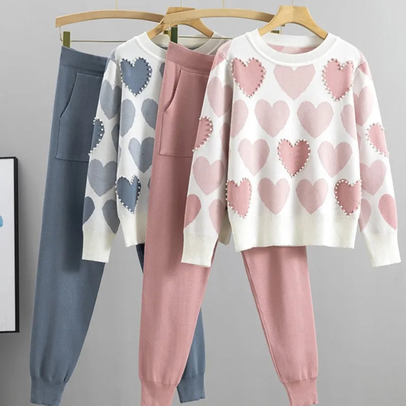 Chic Beading Knit Sweater 2 Piece Sets Women Outfits Korean Fashion O-neck Pullover & Harem Pants Sport Tracksuits Suit