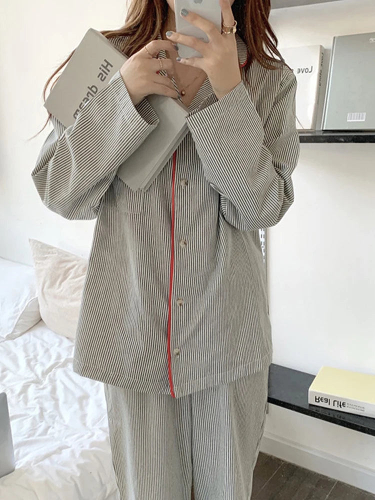 Korean Fashion Striped Leisure Wear Pajama 2 Piece Set Women Nightgown Cosplay Sexy Pajama 2024 New Autumn Winter Pajama Sets