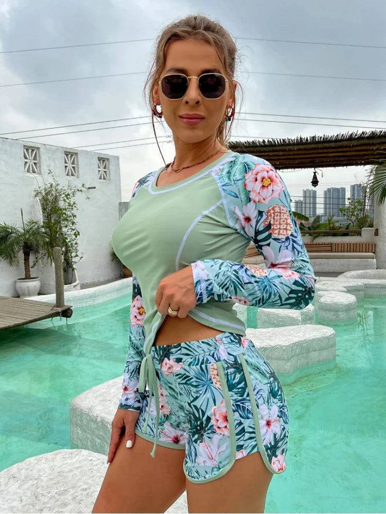 2024 New Tankini Women Swimsuit Tropical Print Bikini Set Long Sleeve Swimwear Summer Shorts Beachwear Female Bathing Suit