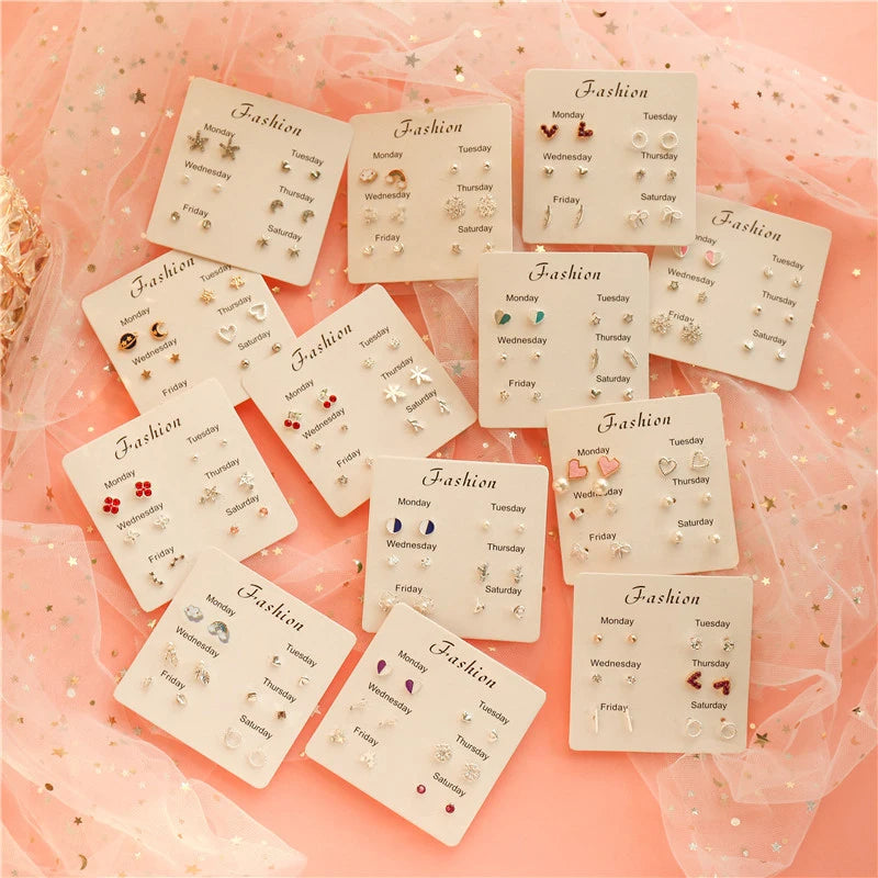 Cute 6/7Pair Set Butterfly Heart Stud Earrings for Women Girl Exquisite Party Dailywear Jewelry Birthday Gift Simple Accessories