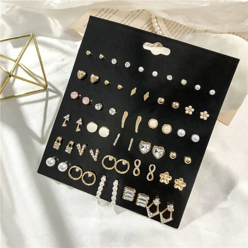 New Design 30Pairs/lot Mixed Crystal Small Stud Earrings Sets For Women Girl Heart Flowers Moon Ear Jewelry Accessories