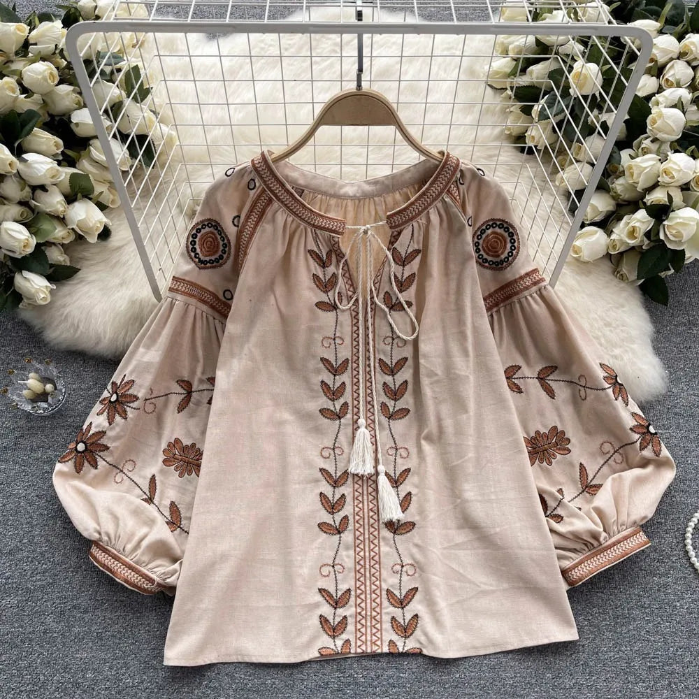 Neploe Women O Neck Puff Sleeve Print Heavy Shirt Panelled Lace Up All-match Embroidery National Style Blusas New Tassels Tops