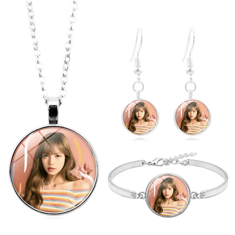 Korean Girls Group ROSE LISA JISOO JENNIE Trendy Fashion Kpop Jewelry Necklace Baracelet Earrings Set for Woman Girl Friend Gift