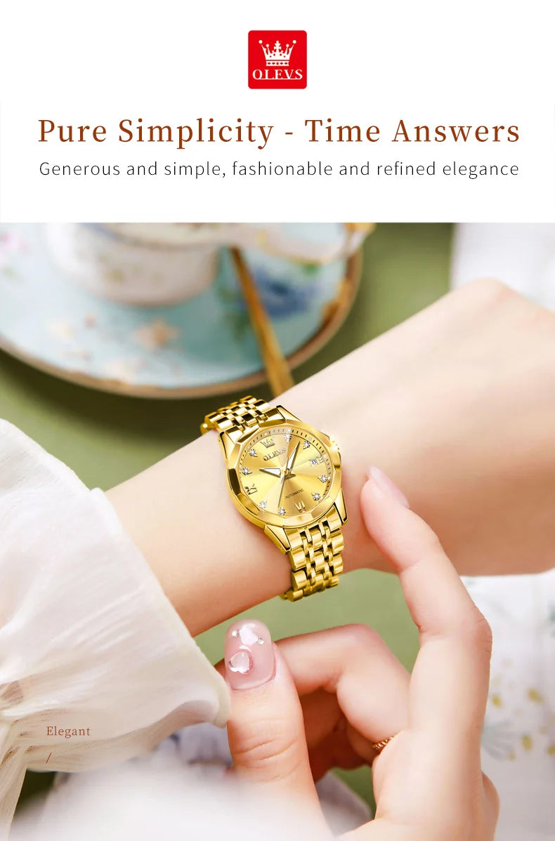 OLEVS Women's Watches Gold Stainless Steel Fully Automatic Mechanical Wristwatch Luxury Waterproof Diamond Ladies Watch NO.9982