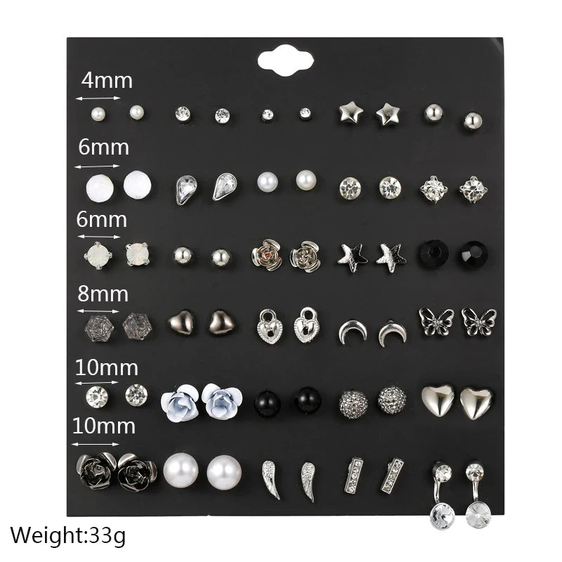 New Design 30Pairs/lot Mixed Crystal Small Stud Earrings Sets For Women Girl Heart Flowers Moon Ear Jewelry Accessories