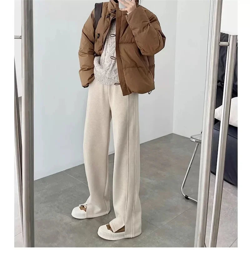 Women's Autumn/Winter New Herringbone Striped Flannel Wide leg Pants Woolen Split Pants Straight leg Narrow Version Banana Pants