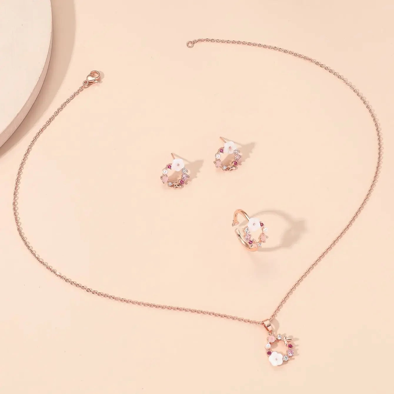 4 Pieces Rose Gold-color Lady Flower Fashion Accessories Zircon Simple Ornate Exquisite Necklace Ring Earrings Jewelry Set