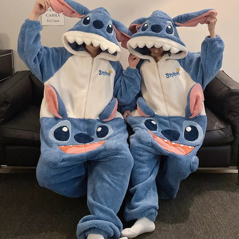 Cartoon Disney couple one-piece pajamas winter coral fleece thermal hooded pullover men's loungewear new Stitch women's pajamas