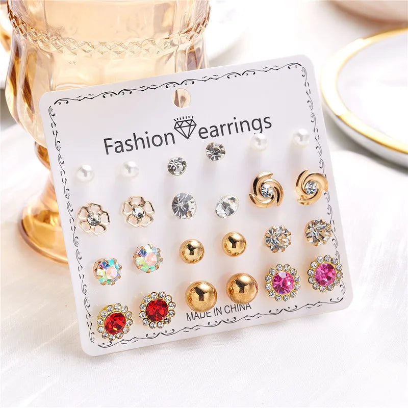 12 Pairs/Set Imitation Pearl Sun Star Flower Bow Heart Zircon Combination Paper Card Stud Earrings Set Fashion Geometric Earring