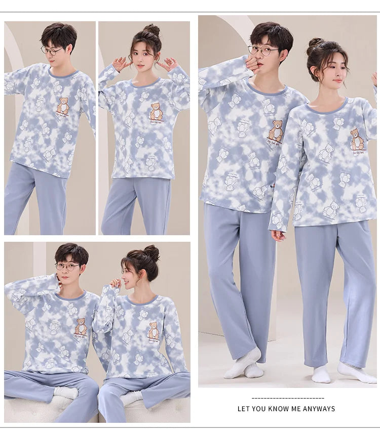 Big Size M-4XL Couple Pajamas Set Cute Cartoon Knited Cotton Sleepwear Women and Men Long Sleeve Pijamas Mujer