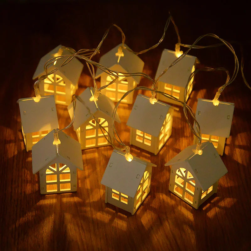 2M 10LED Christmas Wooden House LED Fairy Light String 2025 New Year Home Hanging Garland Xmas Tree Ornaments Decoration Lamp