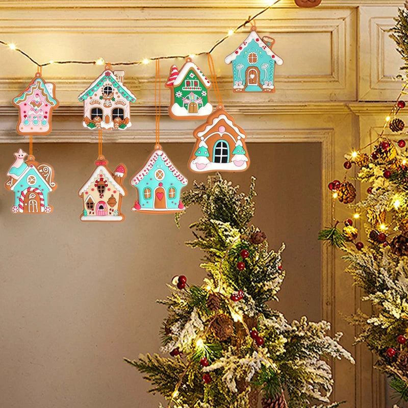 16pcs House Pendant For Christmas Tree Cute Mini Christmas Snow House Hanging Collection Creative Figurines House Pink Pendant