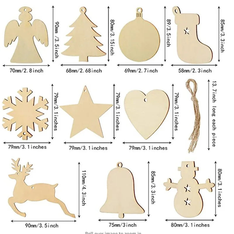 10pcs Wooden Tree Embellishments Wood Christmas Tree Blanks with Twines for Christmas DIY Craft Card Decor