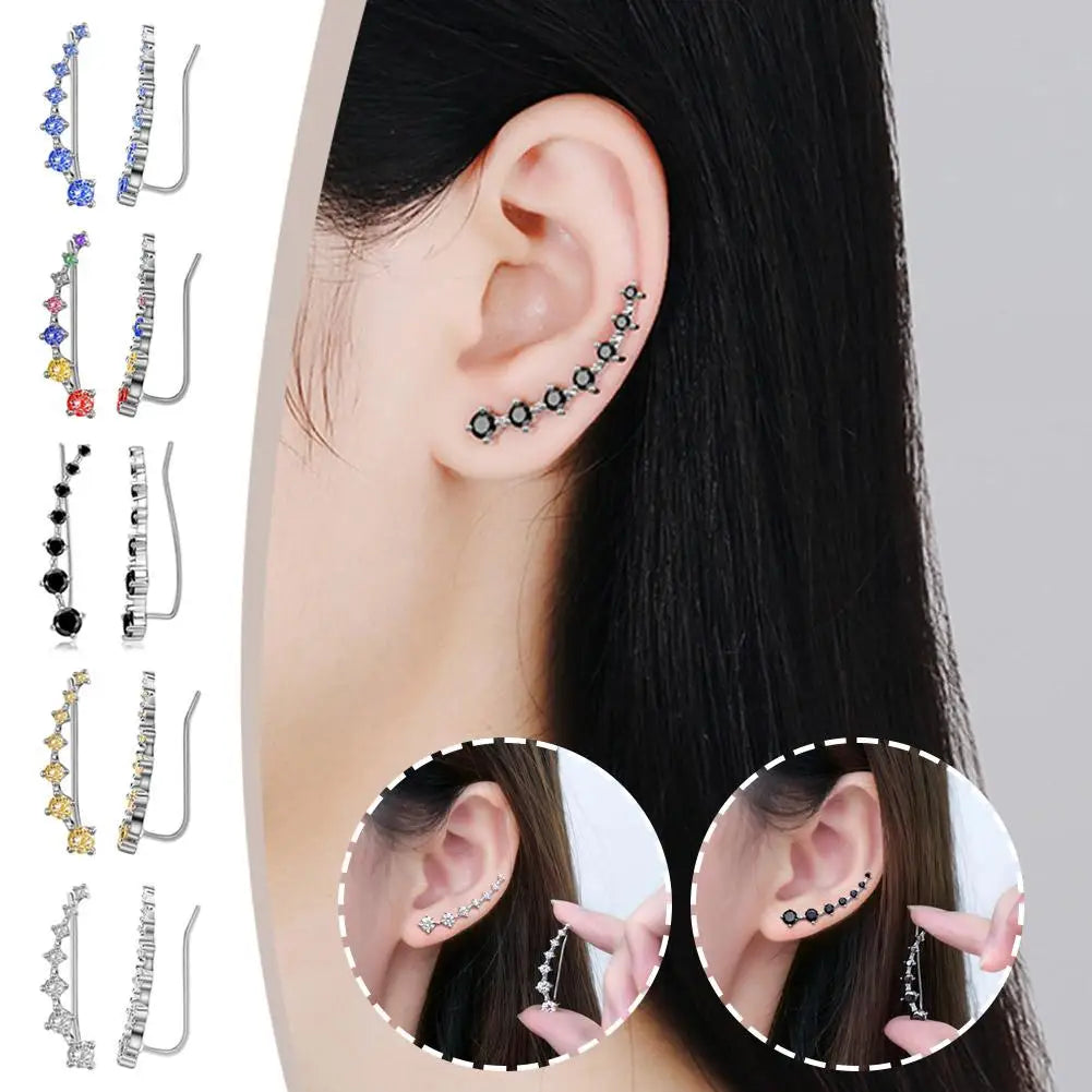 1 Pair Seven Star Crystals Leaf Shape Ear Climber Stud Earrings Alloy Ear Cuff Hook Ear Climbers For Women Girls Jewelry Gifts