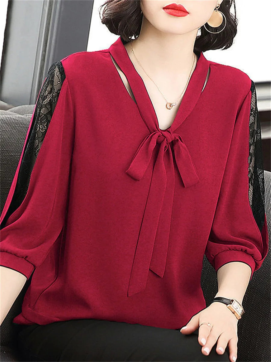 Women Spring Summer Style Blouses Tops Lady Casual Bow Tie Colloar Half Lace Sleeve Loose Blusas Tops DF4275