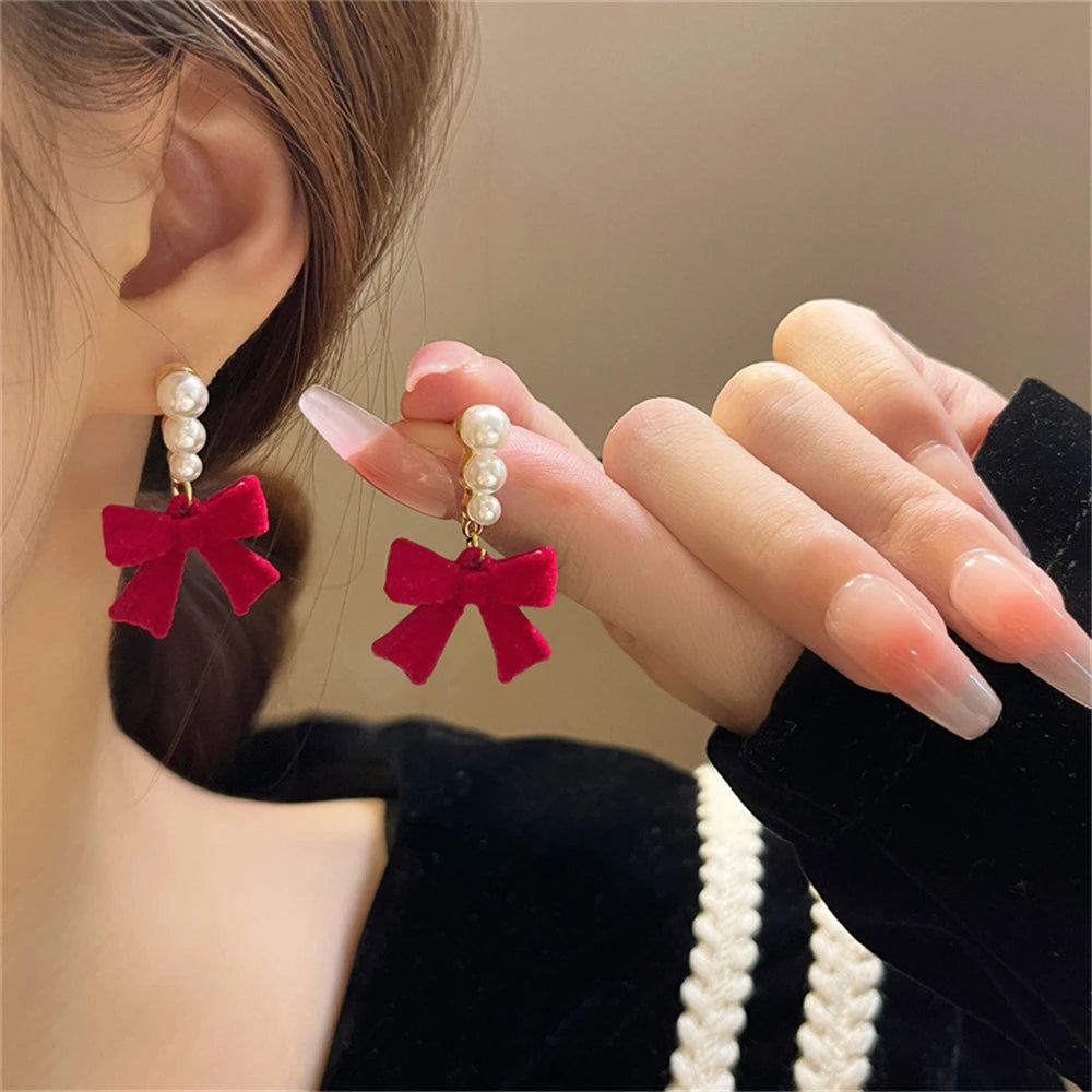 LATS Red Black Bowtie Earrings for Women Girls Simulated Pearl Cloth Bow Tie Earrings Jewelry Ear Accessories Beautiful Gifts