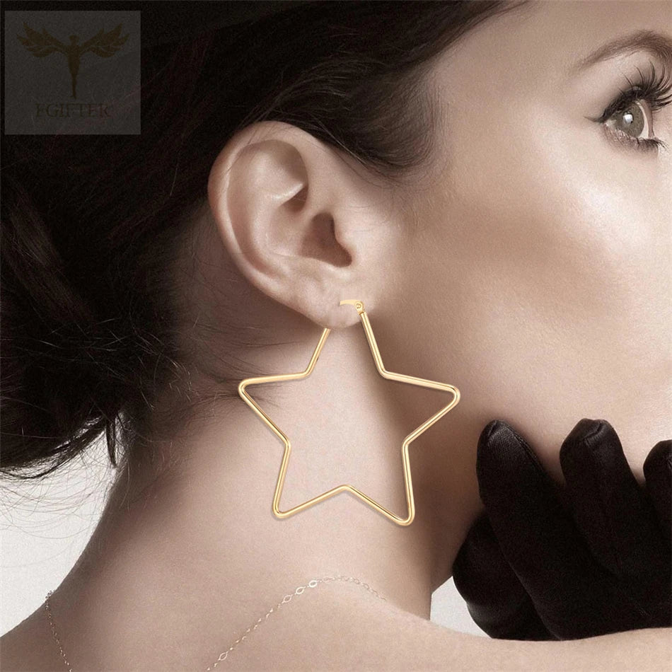 20mm 50mm 60mm 70mm Geometry Star Earrings For Women Stainless Steel Hoops Ear Nipple Piercing Ring Golden Steel Fashion Jewelry