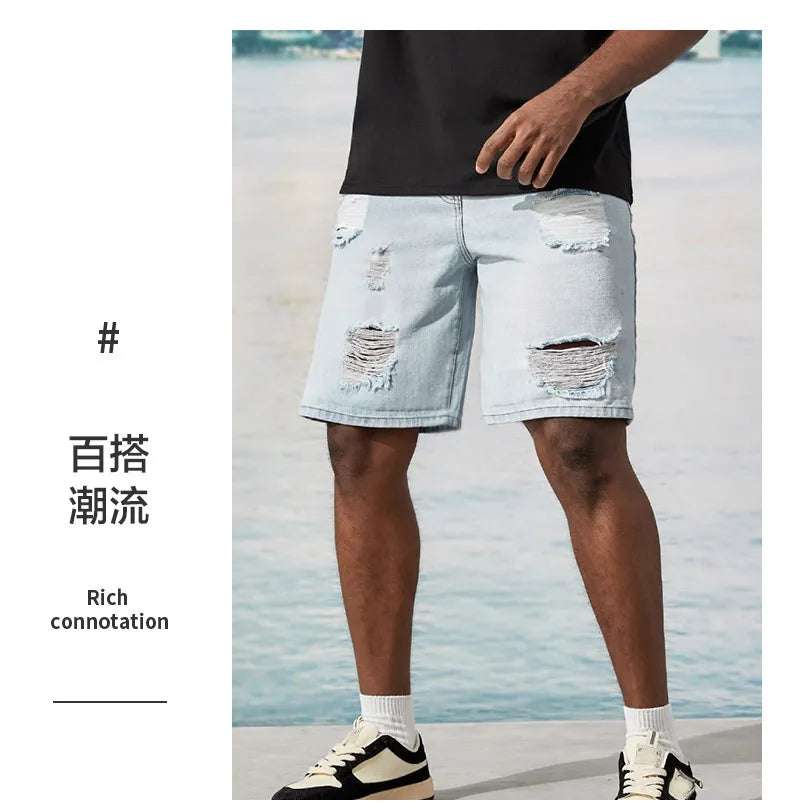 New Men's Korean-style Casual Ripped Denim Shorts, Street Handsome, Loose Straight-leg, Large-size Five-point Pants.