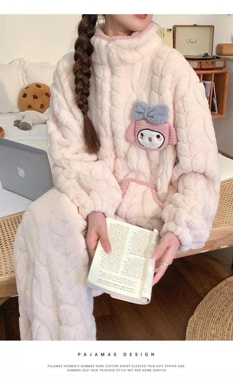 Anime Kuromi Pajamas Pants Suit Sanrioed Women Cute Kawaii Spring Winter Cardigan Plush Coral Fleece Cute Cartoon Warm Homewear