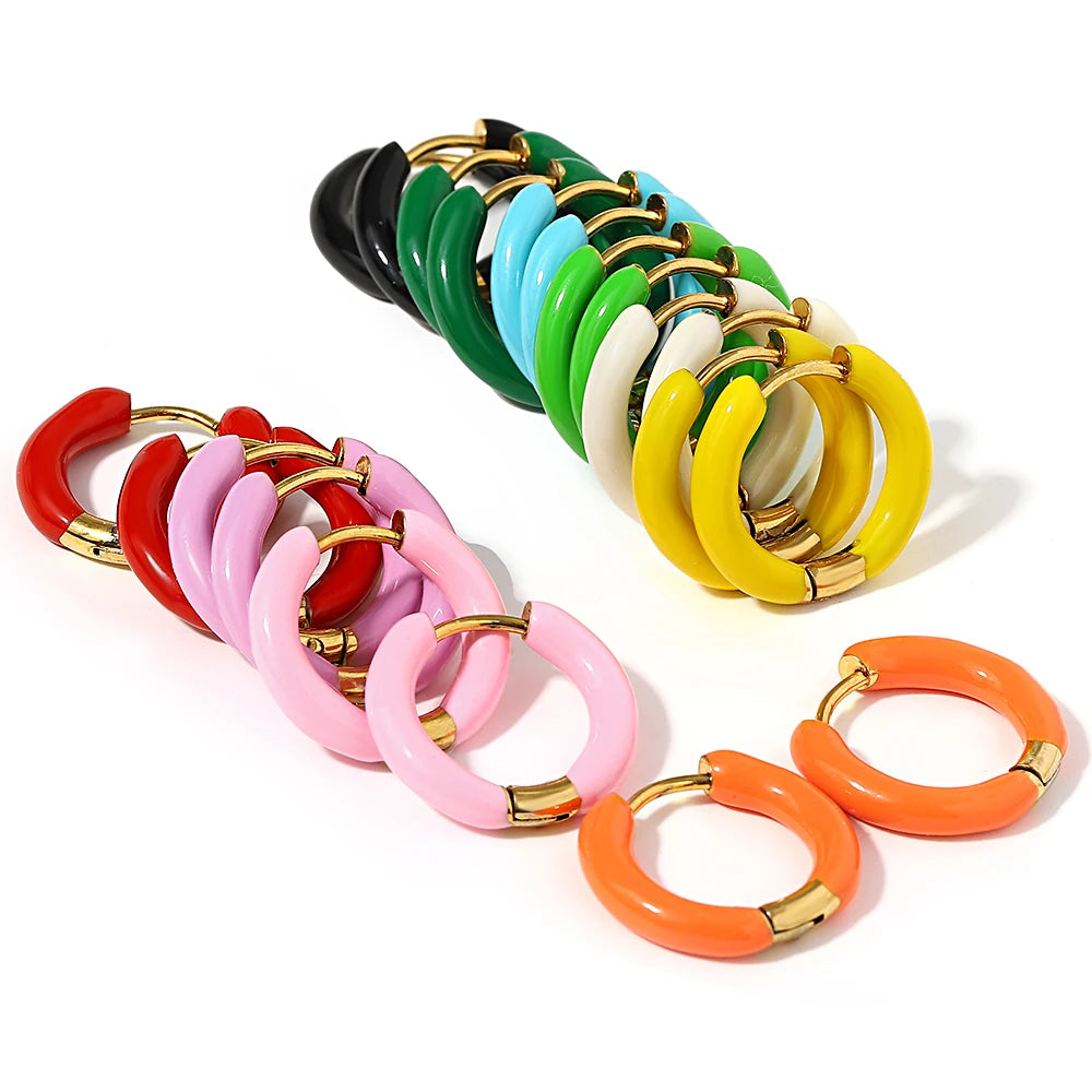 Colorful Neon Enamel Huggie Hoops Earrings Stainless Steel Jewelry for Women Dopamine Small Ear Cuff Piercing Chunky Jewelry