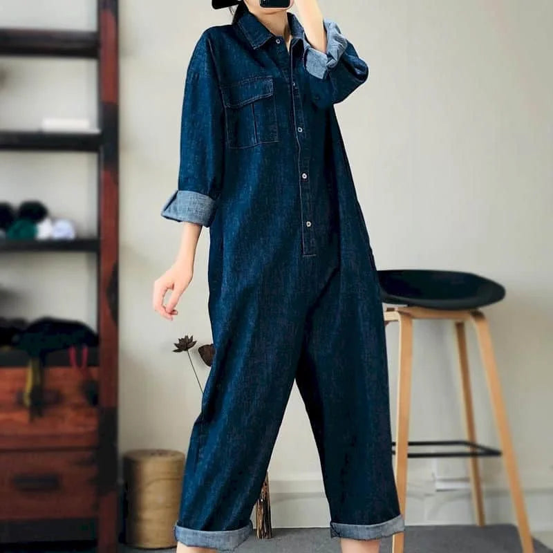 Oversized Denim Jumpsuit Suit Women Blue Denim Long Sleeve Playsuits High Waist New Fashion Tops Casual One Piece Outfit Women