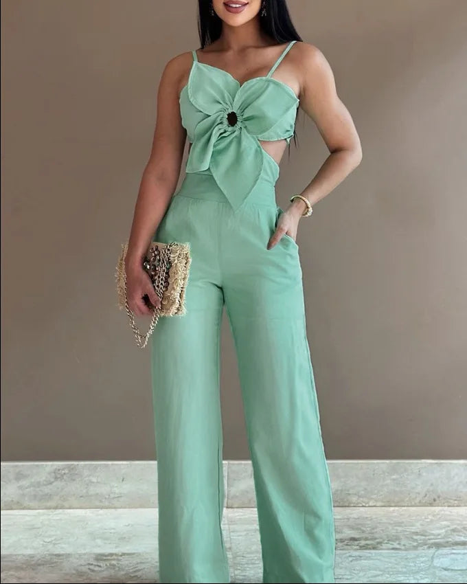 Women Spring Summer Onepiece Trousers Jumpsuits Solid Color Sleeveless Hollow Out Wide Leg Pants Casual Fashion Regular Backless