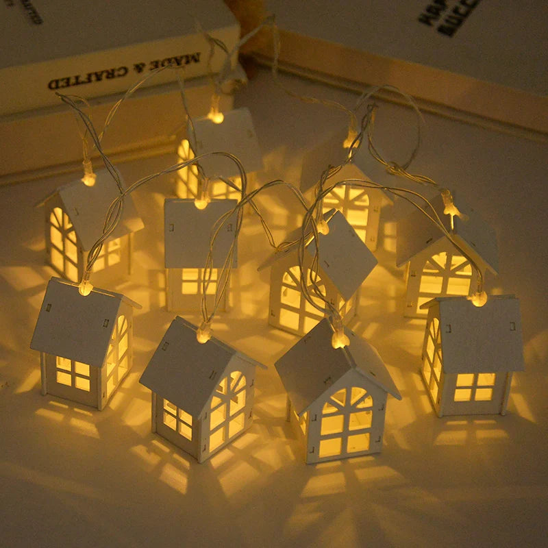 2M 10LED Christmas Wooden House LED Fairy Light String 2025 New Year Home Hanging Garland Xmas Tree Ornaments Decoration Lamp