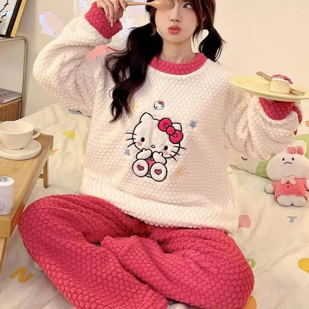 Women Cute Hello Kitty Pajamas Pants Suit Sanrioed Anime Kawaii Spring Winter Cardigan Plush Coral Fleece Red Cartoon Homewear