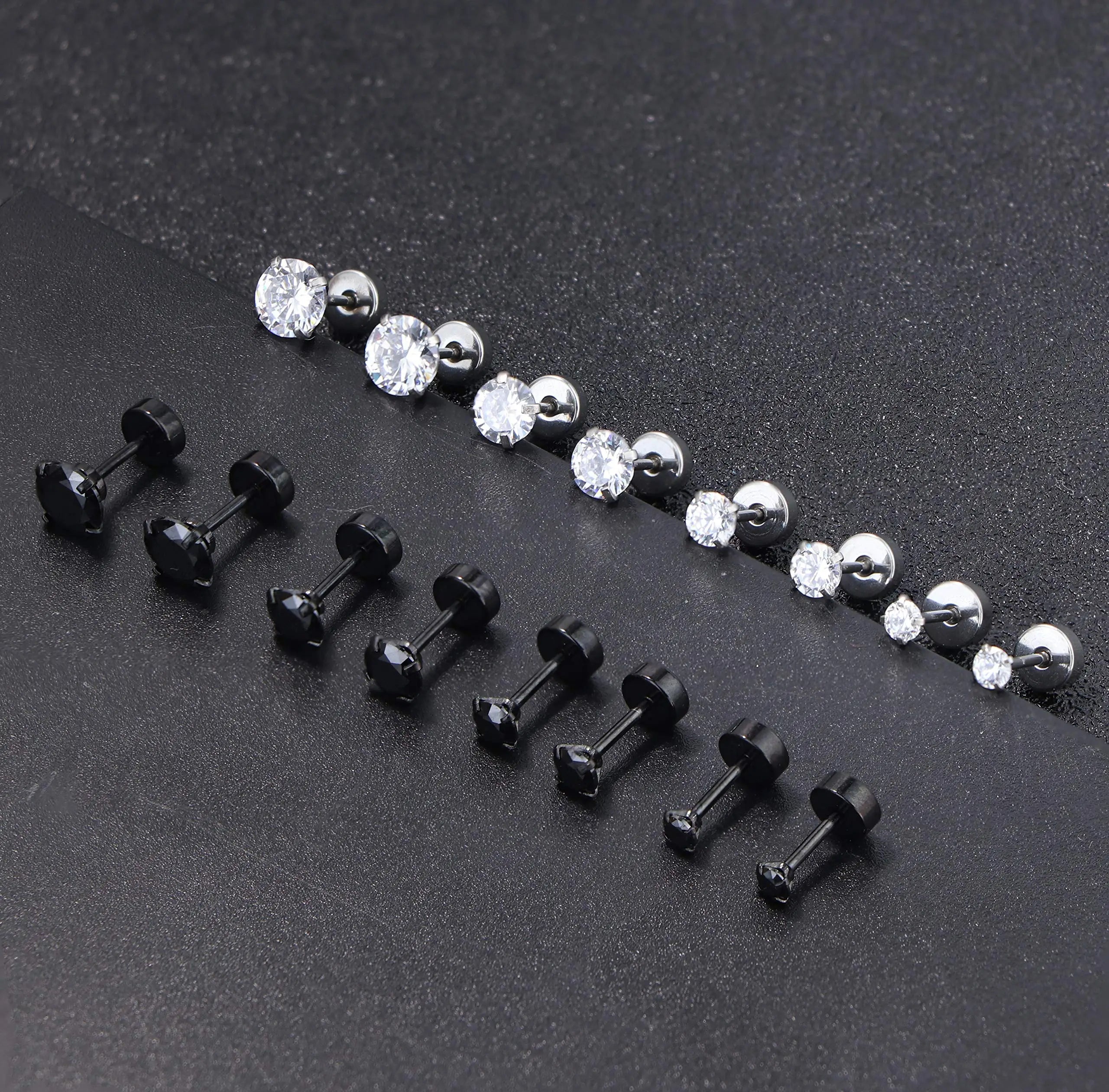 1/6 Pairs 18G Stainless Steel Ear Stud Piercing Barbell Studs Earrings Set Round Cubic Zirconia Inlaid Steel Size 2/4/5/6/8/10MM