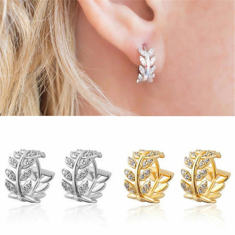 Delicate Leaf Ear Ring with Shiny CZ for Women Silver Color/Gold Color Fashion Hoop Earrings Fancy Girl Gift 2024 Jewelry Gifts