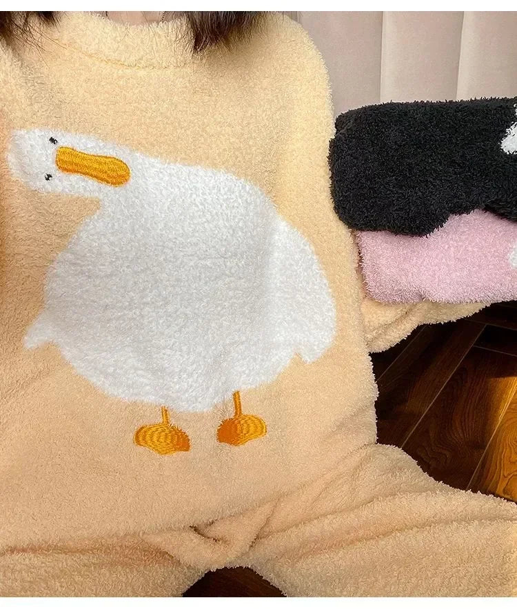 For Cute Flannel Velvet O-neck Women Clothes Pijamas Winter Home Clothing Comfortable Duck Fashion Pajamas Set Casual