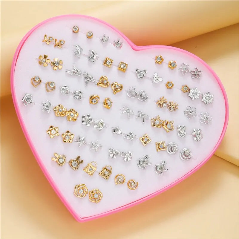 Trendy Gold/Silver-color 36 Pairs/lot Female Flower Love Small Stud Earrings Set For Women Geometric Crystal Plastic Ear Jewelry