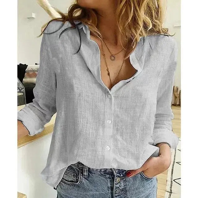 Elegant Cotton Linen Shirts Women Leisure Shirts Button Lapel Cardigan Top Lady Loose Long Sleeve Oversized Shirt Casual T-Shirt