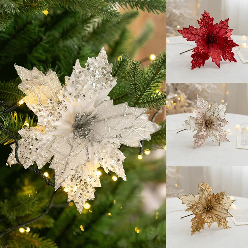 1PC Glitter Artificial Christmas Flowers Christmas Tree Decorations Home Fake Flowers Christmas Ornaments New Year Decorations