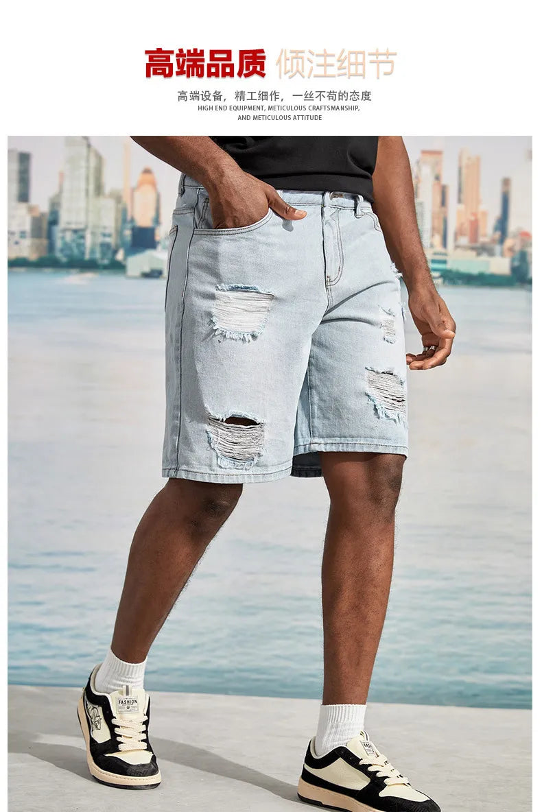 New Men's Korean-style Casual Ripped Denim Shorts, Street Handsome, Loose Straight-leg, Large-size Five-point Pants.