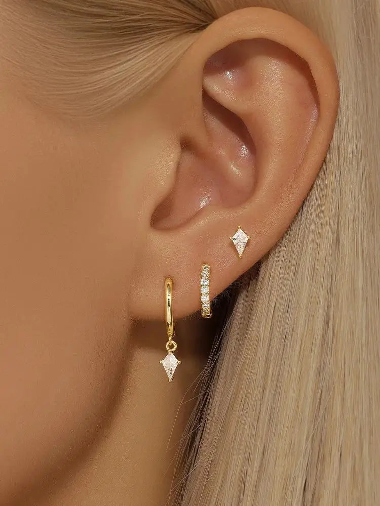 3PCS Unique Cubic Zircons Star Dangly Hoop Earrings Set for Women Tiny Stud Ear Cartilage Piercing 3 Holes Mismatched Jewelry