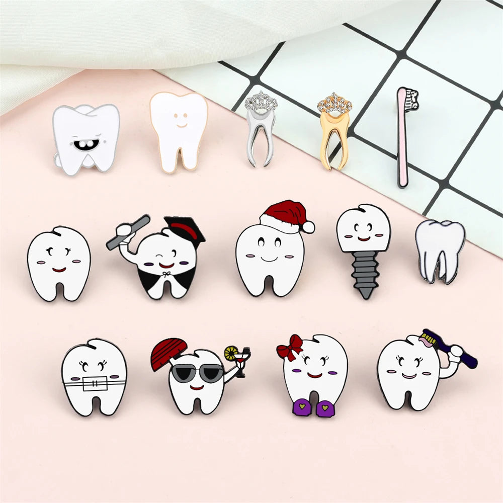 Cartoon Teeth Collection Brooch Protect Tooth Enamel Pins Cute Smile Dentist Badge Jewelry Bag Lapel Metal Pin Jewelry Kids Gift