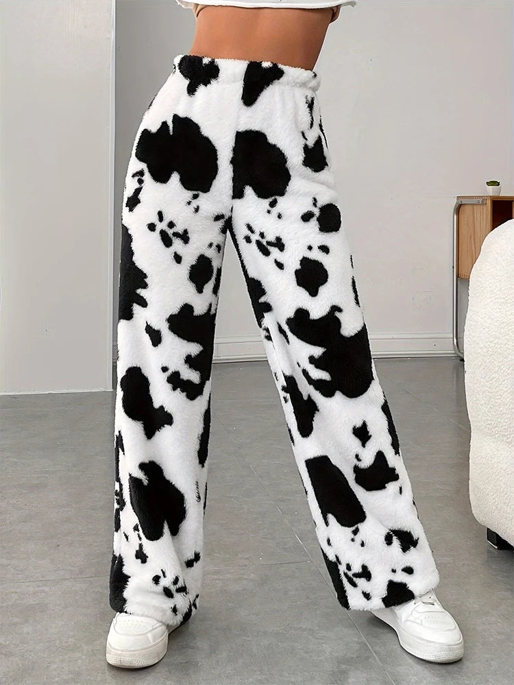 Milk Cow Printed Warm Women Plush Fur Elastic Pants High Waist Casual Loose Comfortable Pants Autumn Winter Female Vintage Pants