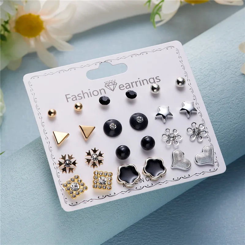 12 Pairs/Set Imitation Pearl Sun Star Flower Bow Heart Zircon Combination Paper Card Stud Earrings Set Fashion Geometric Earring