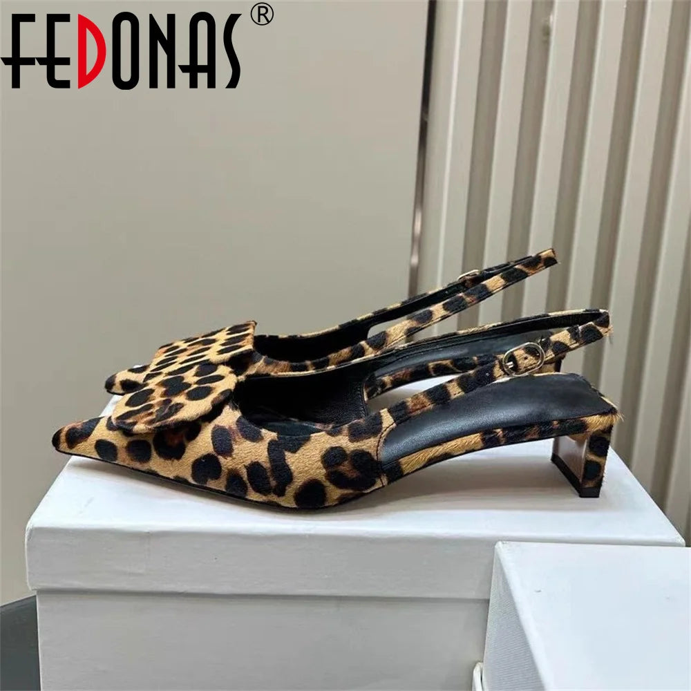 FEDONAS Ins Women Kitten Heels Slingbacks Sandals Leopard Genuine Leather Party Spring Summer Shoes Woman Sandals Pumps