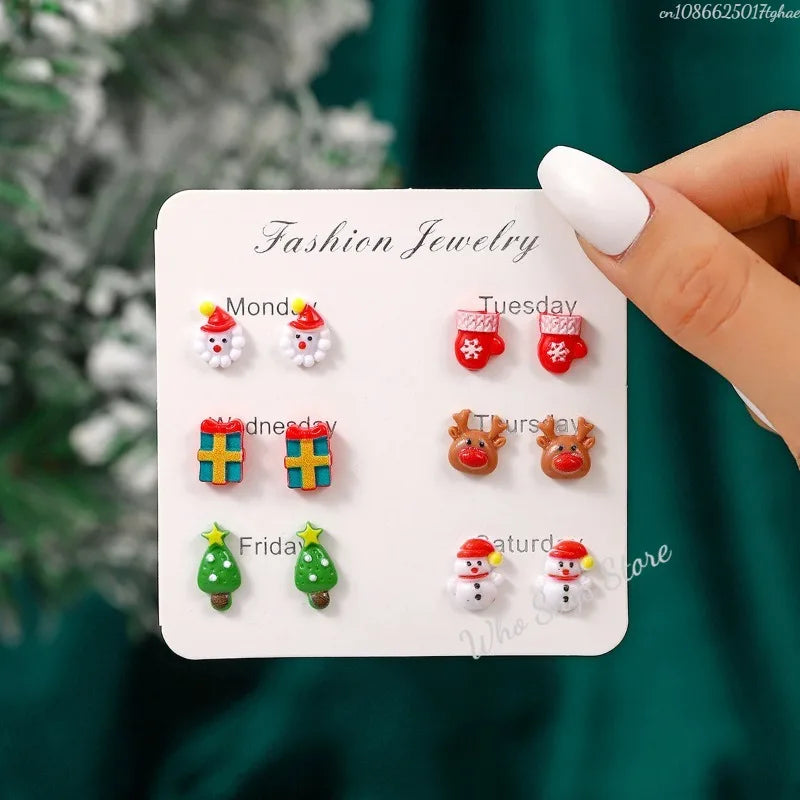 6 Pairs/Set Christmas Stud Earring For Women Cute Cartoon Resin Snowflake Santa Claus Elk Earrings Girl Party New Year Jewelry