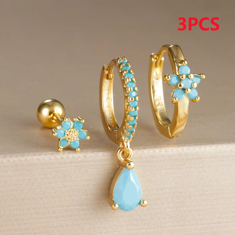 3PCS Stainless Steel Hoop Earrings Set for Women Luxury Crystal Zircon Huggie Flower Water Drop Piercing Earring Wedding Jewelry