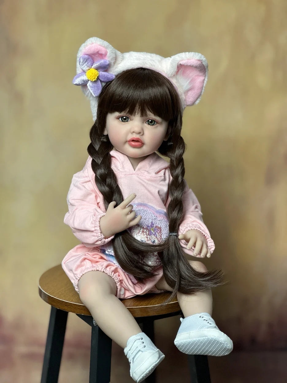 BZDOLL 55cm 22inch Lifelike Reborn Baby Girl Doll Soft Silicone Long Brown Hair Realistic Princess Toddler Bebe Birthday Gift