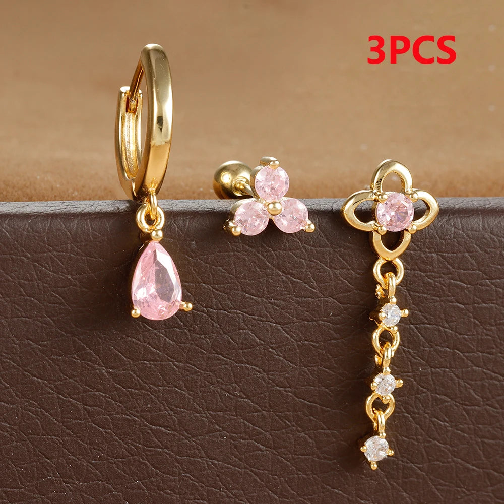 3pcs Star Butterfly Piercing Earrings Sets for Women Stainless Steel Flower Chain Colorful Zircon Hoop Earring Aesthetic Jewelry