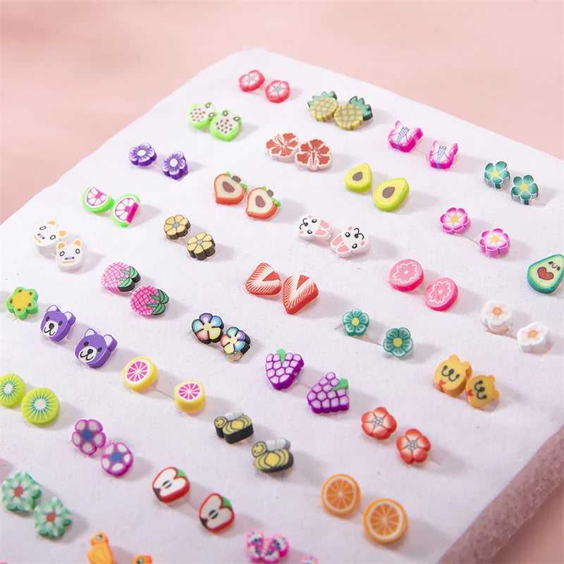 50Pair/set Mixed Style Clay Stud Earrings Set Women Girls Small Plastic Animals Fruit Earrings Set Jewelry Gifts